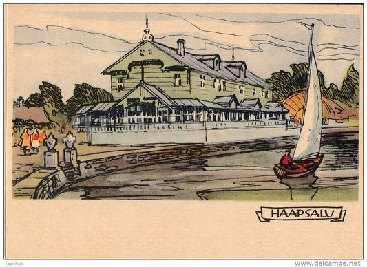 illustration by A. Kütt - Kurhaus - sailing boat - Haapsalu - 1960 - Estonia USSR - unused - JH Postcards