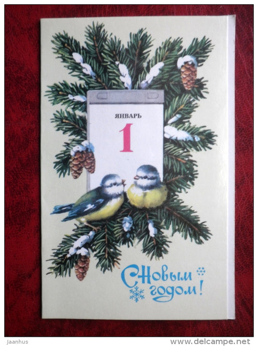 New Year greeting card - tits - birds - 1986 - Estonia - USSR - unused - JH Postcards
