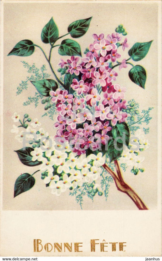 Birthday Greeting Card - Bonne Fete - flowers - lilac - old postcard - France - used - JH Postcards