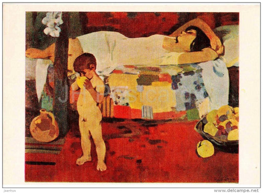 painting by A. Bekaryan - Resting , 1970 - mother and child - boy - armenian art - unused - JH Postcards