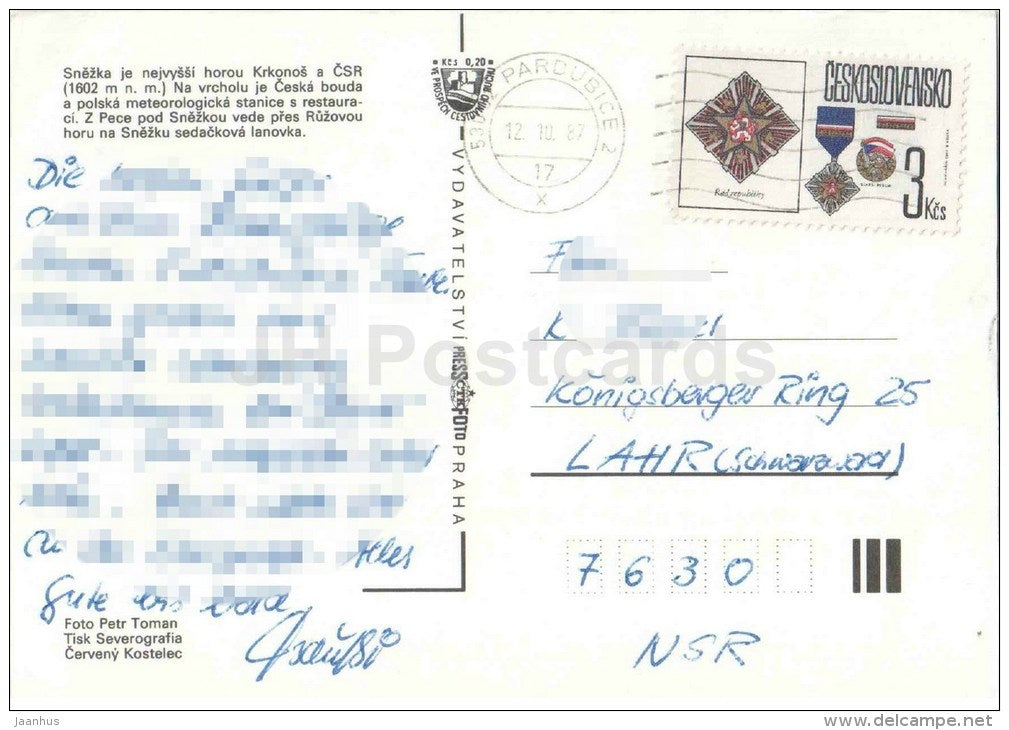 Krkonose - Snezka mountain - ski resort - Czechoslovakia - Czech - used 1987 - JH Postcards