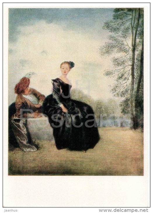painting by Jean-Antoine Watteau - Capricious - woman and man - french art - unused - JH Postcards