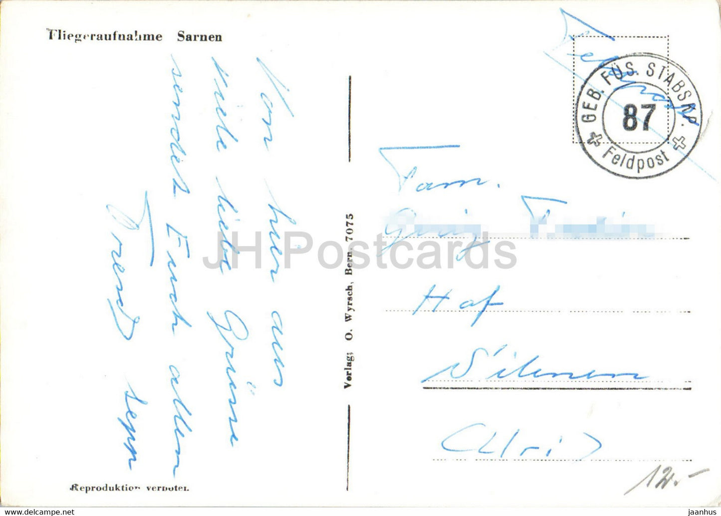 Fliegeraufnahme Sarnen - Luftaufnahme - Feldpost - Militärpost - 7075 - alte Postkarte - Schweiz - gebraucht