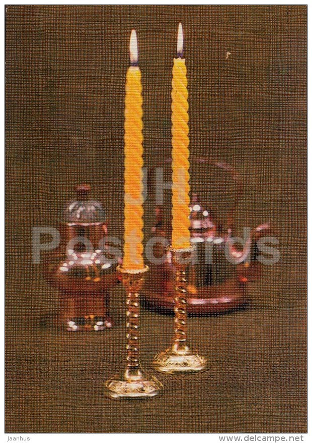 New Year Greeting card - 1 - candles - teapot - 1988 - Estonia USSR - used - JH Postcards