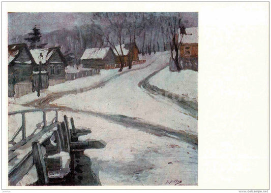 painting by V. Meshkov - Winter . Pskov , 1914 - streets - Winter - russian art - Russia USSR - 1980 - unused - JH Postcards