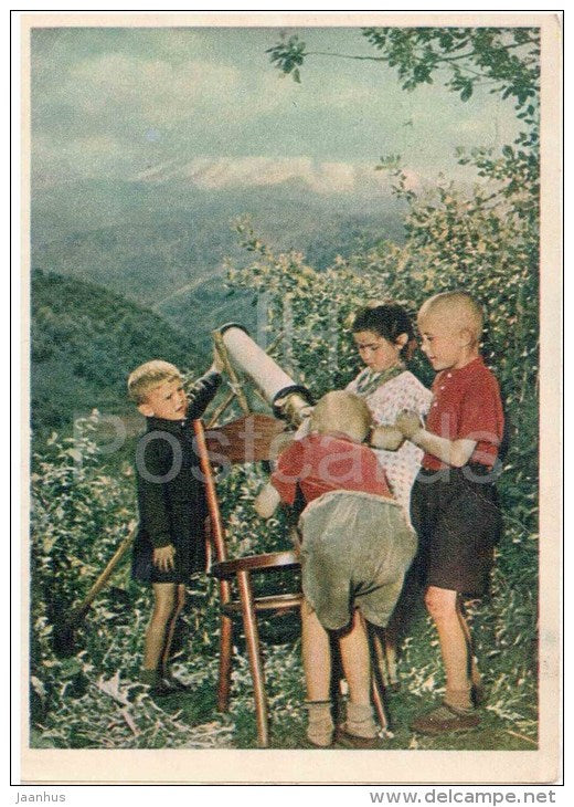 future astronomers - children - telescope - mountains - 1958 - Russia USSR - unused - JH Postcards