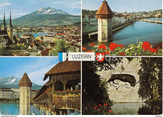 Luzern - Lucerne - Pilatus - Old City - Chapel Bridge - Lions monument - multiview - 8458 - Switzerland - used - JH Postcards