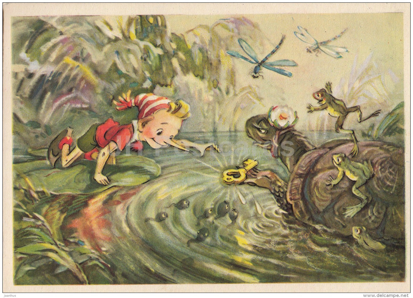 illustration by L. Vladimirsky - Buratino - Pinocchio - frog - golden key - Tortilla - 1955 - Russia USSR - unused - JH Postcards