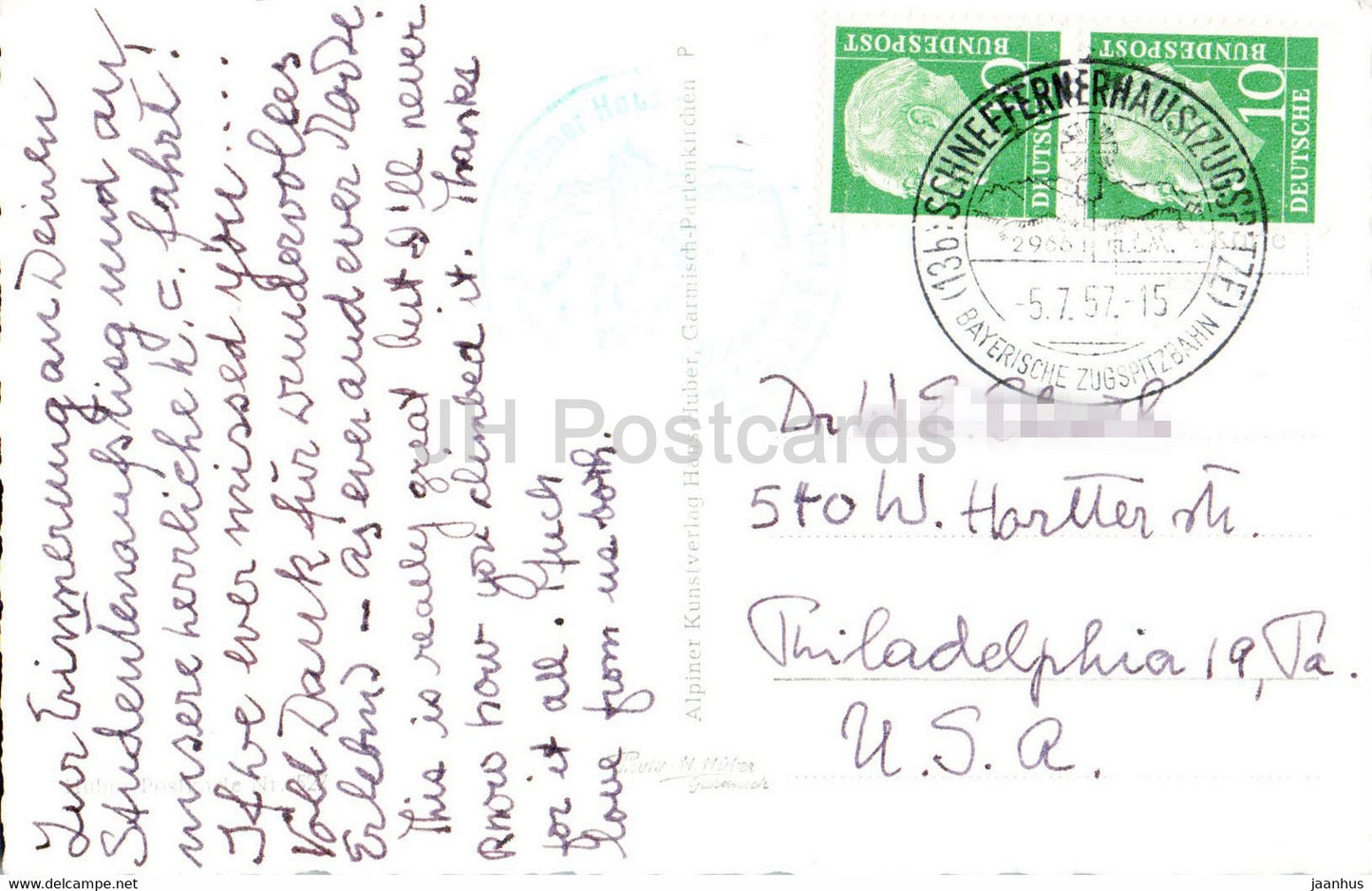 Zugspitze Hollental - Aufstiegsroute - old postcard - 1957 - Germany - used