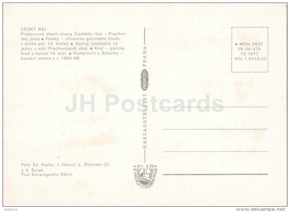 Cesky Raj - sandstone formations - Trosky castle - Humprecht near Sobotka - Kost - Czechoslovakia - Czech - unused - JH Postcards