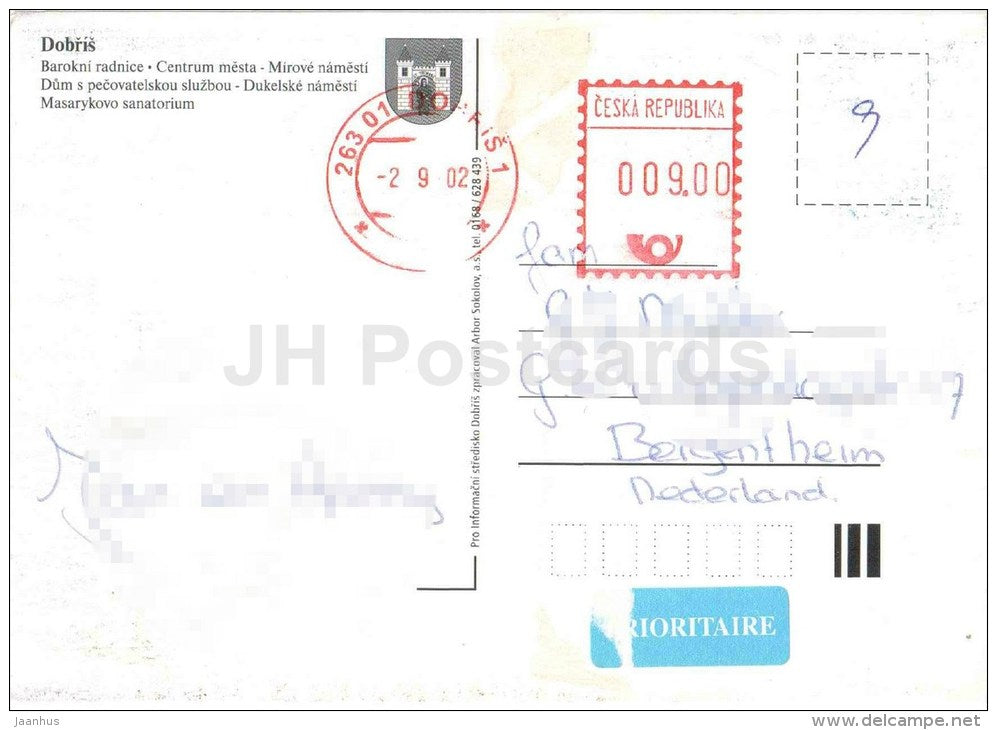 Dobris - Peace Square - Dukla Square - Nursing Home - town hall - centrum - Czech - used 2002 - JH Postcards