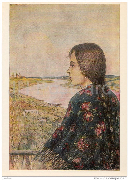 illustration by I. Glazunov - Lady Macbeth of the Mtsensk District N. Leskov - young woman - Russia USSR - 1985 - unused - JH Postcards