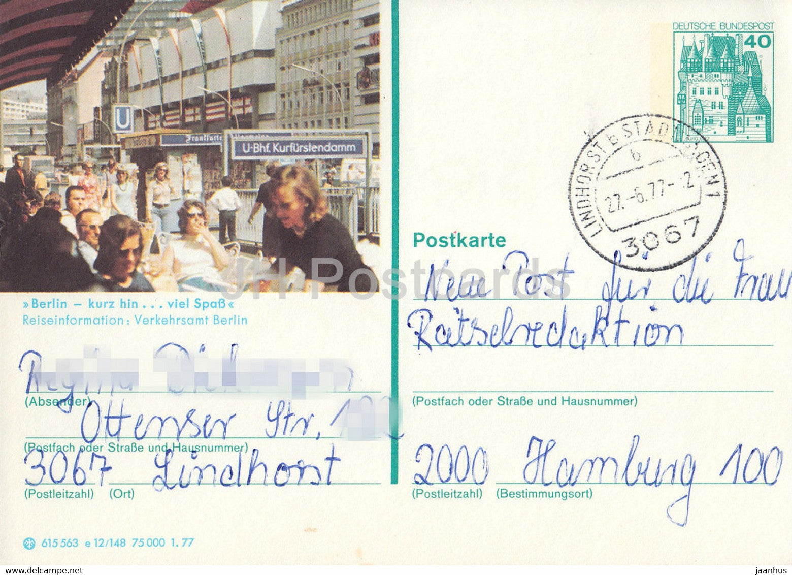 Berlin - U Bahnhof Kurfurstendamm - Kurz hin viel Spass - 1977 - Germany - used - JH Postcards