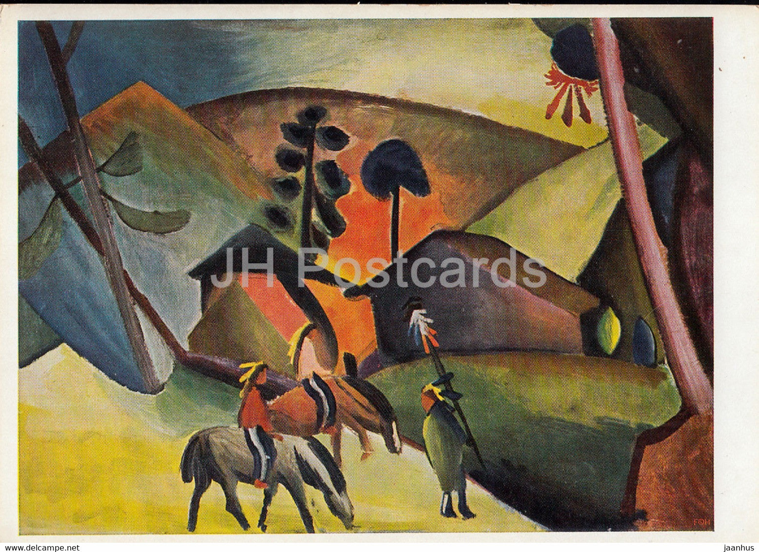 painting by August Macke - Indianer auf Pferden - Indians on Horseback - 565 - German art - Germany - unused - JH Postcards