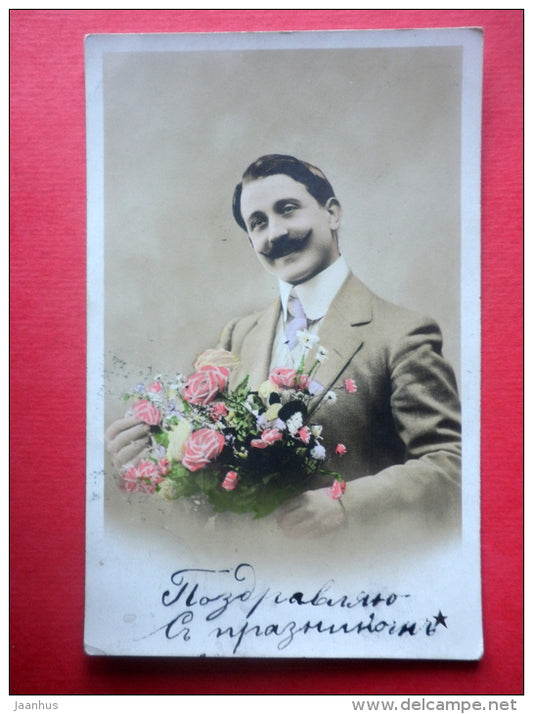 man - flowers - Etoile No 2002 - sent from Imperial Russia Estonia Narva to Warsaw Poland 1909 - JH Postcards