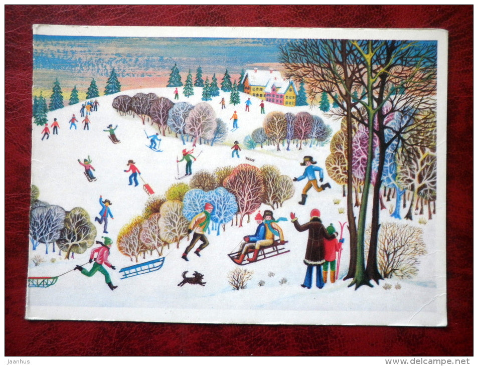 New Year Greeting Card - sleigh ride - winter - 1979 - Russia - USSR - unused - JH Postcards