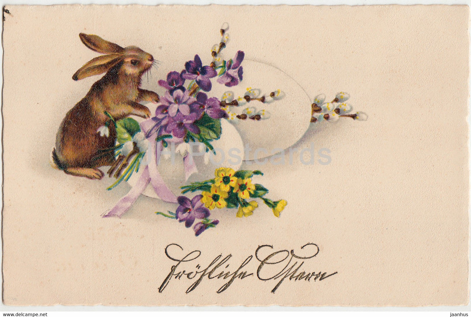 Easter Greeting Card - Frohliche Ostern - egg - rabbit - flowers - HWB SER 2074 - old postcard - Germany - unused - JH Postcards