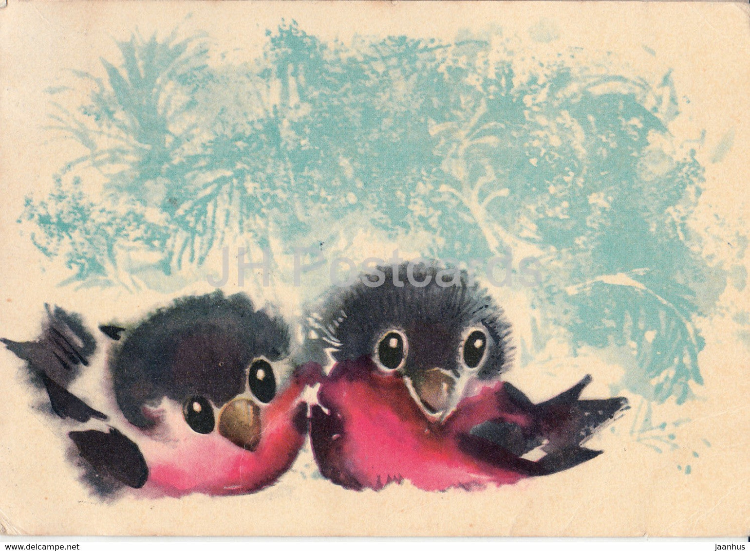 New Year Greeting card by E. Pikk - Bullfinch - birds - 1 - 1965 - Estonia USSR - used - JH Postcards