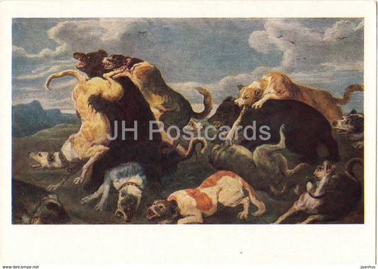 painting by Paul de Vos - Bear hunt - dogs - Flemish art - 1961 - Russia USSR - unused - JH Postcards