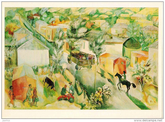 painting by Y. Bayramov - Morning in a Collective Farm , 1970 - kolkhoz - truck - horse - turkmenian art - unused - JH Postcards