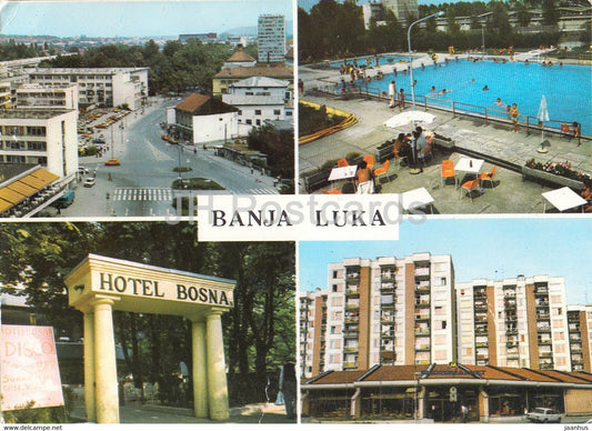 Banja Luka - hotel Bosna - shop - pool - street view - multiview - 1989 - Yugoslavia - Bosnia and Herzegovina - used - JH Postcards