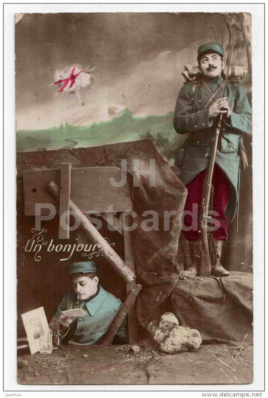 Un Bonjour - French soldiers - trench - old postcard - France - unused - JH Postcards