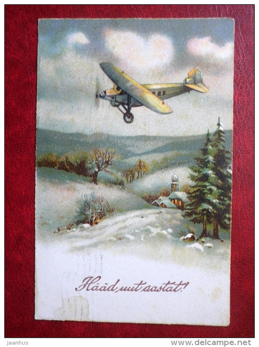 New Year Greeting Card - airplane - winter - HWB SER 2643 - circulated in 1937 - Estonia - used - JH Postcards
