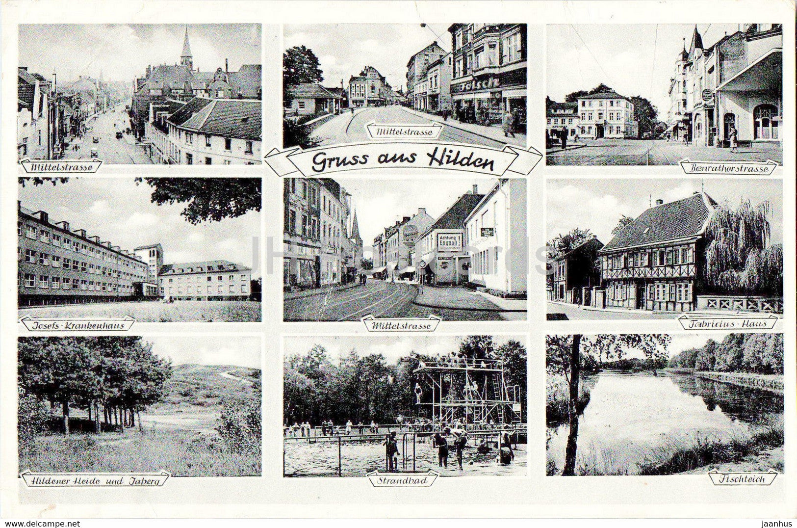 Grussa aus Hilden - Mittelstrasse - Strandbad - Fabricius Haus - 1956 - old postcard - Germany - used - JH Postcards