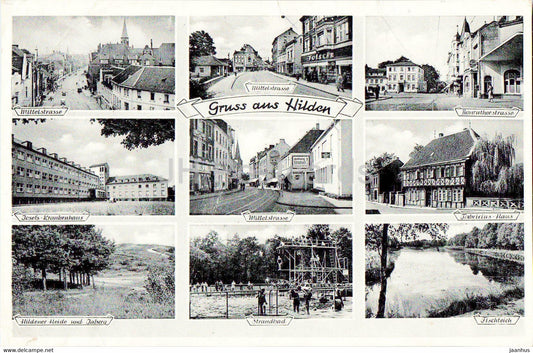 Grussa aus Hilden - Mittelstrasse - Strandbad - Fabricius Haus - 1956 - old postcard - Germany - used - JH Postcards