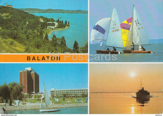 Greeting from lake Balaton - hotel - sailing boat - multiview - 1988 - Hungary - used - JH Postcards