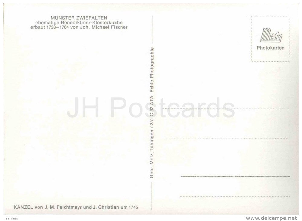 Münster Zwiefalten - ehemalige Benediktiner-Klosterkirche - Kanzel - church - Germany - nicht gelaufen - JH Postcards