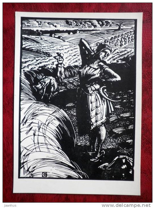 engraving by I. A. Sokolov - harvest time, 1923 - russian art - unused - JH Postcards