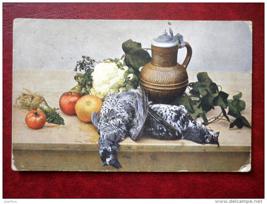 painting - still life - apples - tomato - can - cauliflower - grouse - circulated in 1920 - sent to Latvia - used - JH Postcards