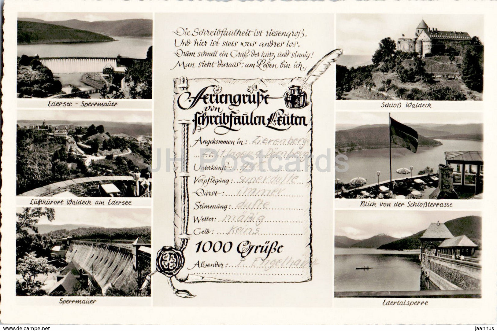 Feriengrusse von schreibfaulen Leuten - Edersee Sperrmauer - Schloss Waldeck - old postcard - Germany - unused - JH Postcards
