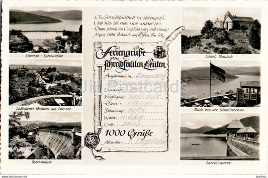 Feriengrusse von schreibfaulen Leuten - Edersee Sperrmauer - Schloss Waldeck - old postcard - Germany - unused - JH Postcards