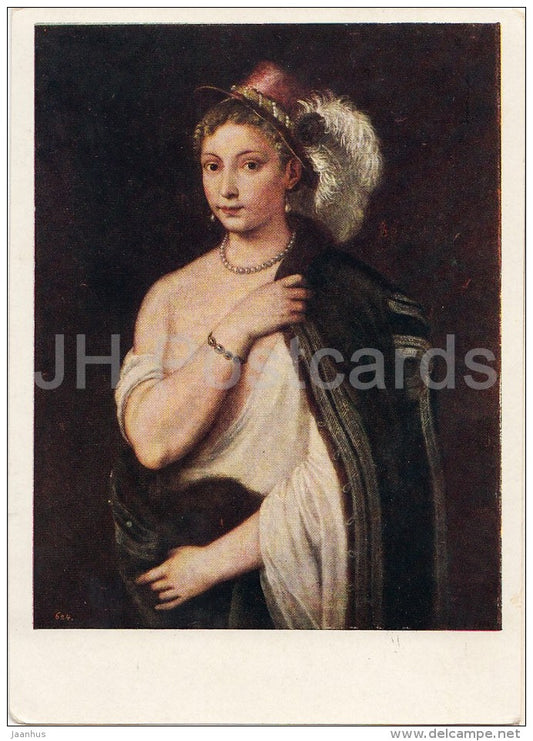 painting by Titian - Portrait of Young Woman - hat - Italian art - Russia USSR - 1958 - unused - JH Postcards