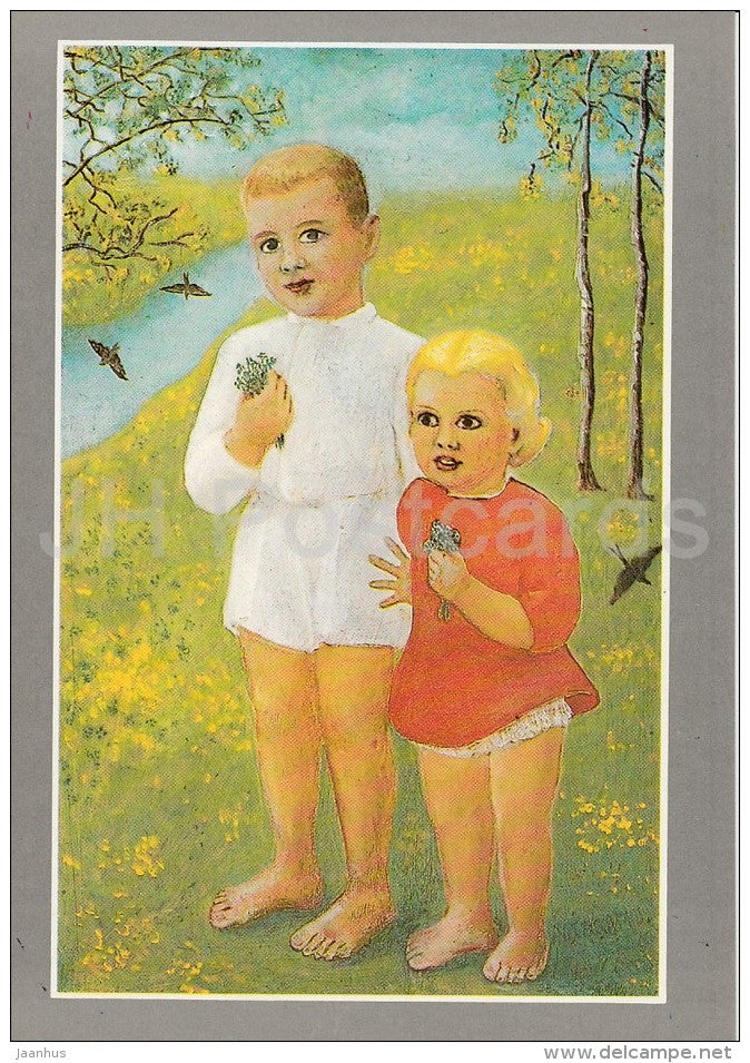 painting by V. Sarapuu - In the Spring , 1964 - children - Estonian art - 1992 - Estonia - unused - JH Postcards