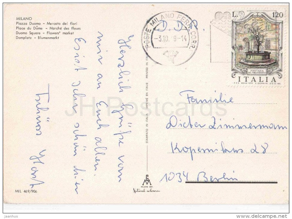Piazza Duomo - Mercato dei fiori - flower market - Milano - 469/906 - Italia - Italy - sent from Italy Milan to Germany - JH Postcards