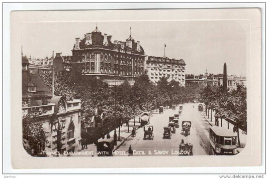 Thames Embankment with Hotels Cecil and Savoy - London - old cars - tram - United Kingdom , England - unused - JH Postcards