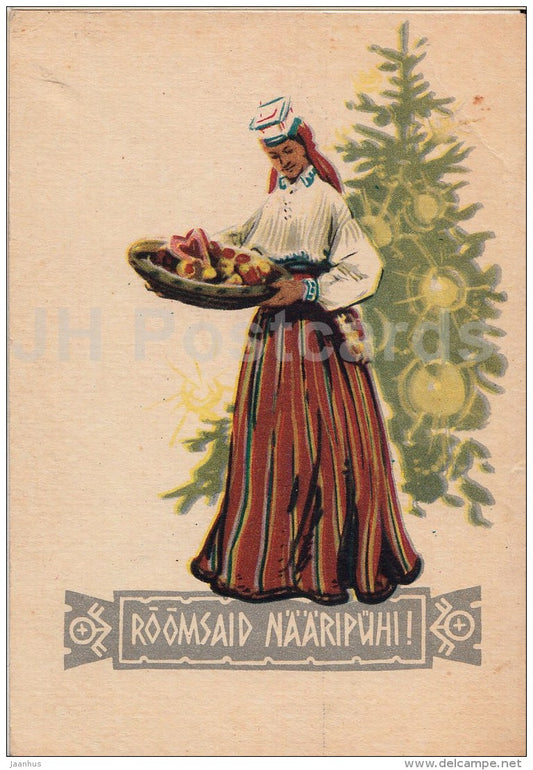 New Year Greeting Card by A. Vender - woman in folk costume - 1959 - Estonia USSR - used - JH Postcards