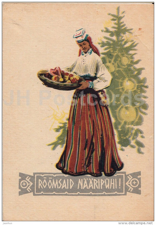 New Year Greeting Card by A. Vender - woman in folk costume - 1959 - Estonia USSR - used - JH Postcards