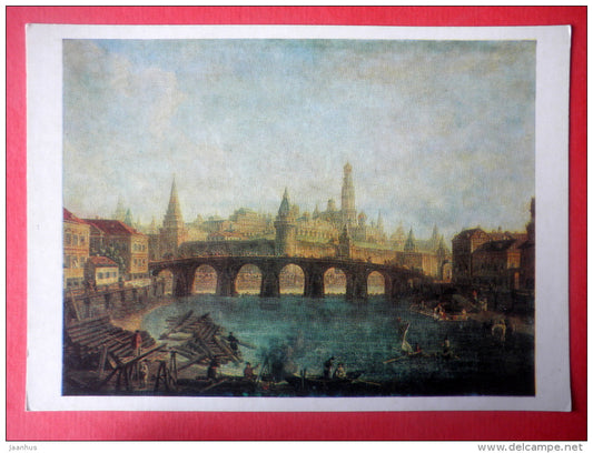 painting by F. Alexeyev . The Moscow Kremlin and the Kamennaya Bridge . 1800s - russian art - unused - JH Postcards