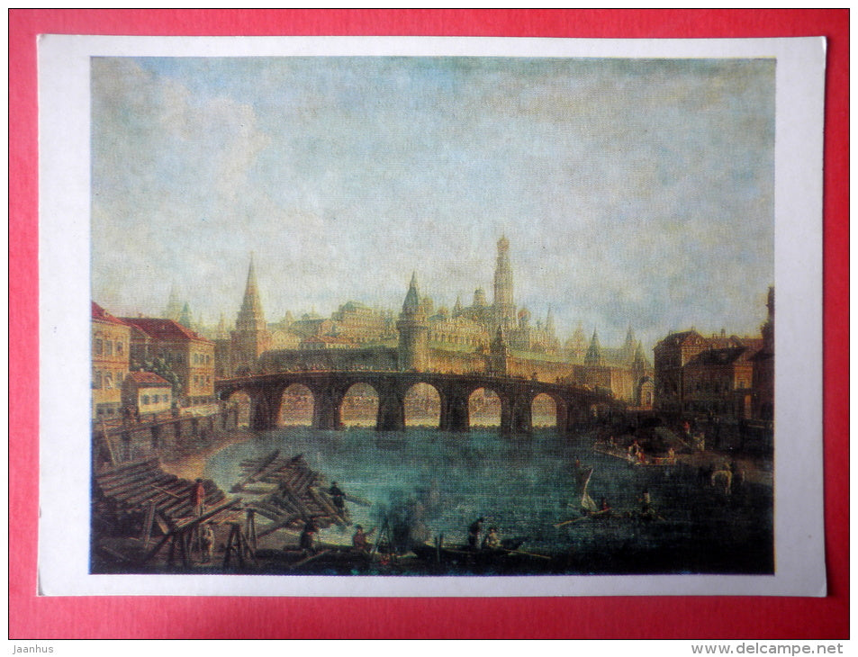 painting by F. Alexeyev . The Moscow Kremlin and the Kamennaya Bridge . 1800s - russian art - unused - JH Postcards