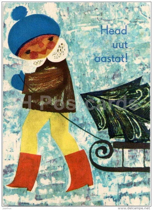 New Year greeting Card by I. Sampu-Raudsepp - Girl with Sledge - illustration - 1968 - Estonia USSR - used - JH Postcards