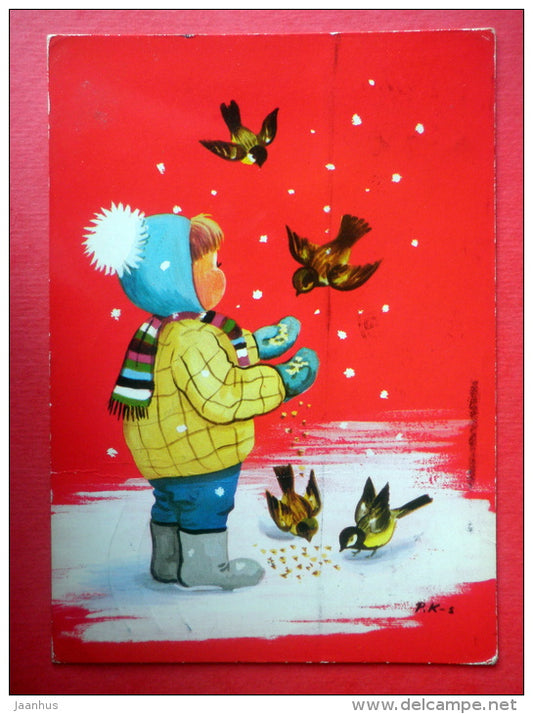 Christmas Greeting Card - child - birds - tit - Finland - sent from Finland Turku to Estonia USSR 1972 - JH Postcards