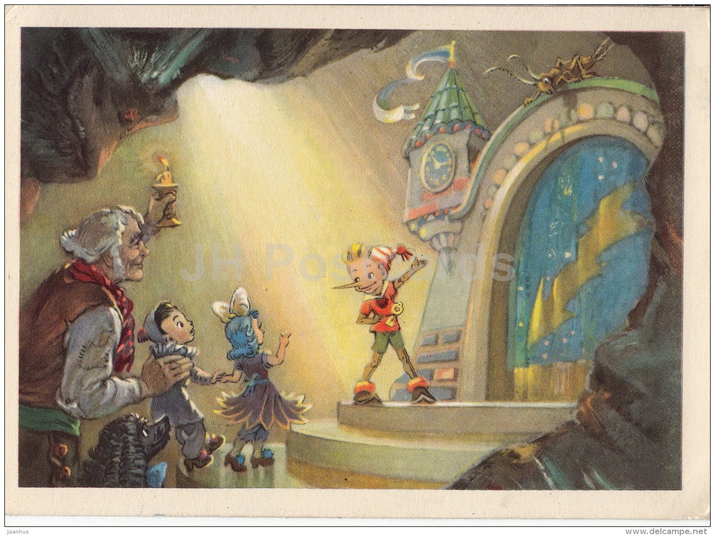illustration by L. Vladimirsky - Buratino - Pinocchio - magic theatre - Papa Carlo - 1955 - Russia USSR - unused - JH Postcards