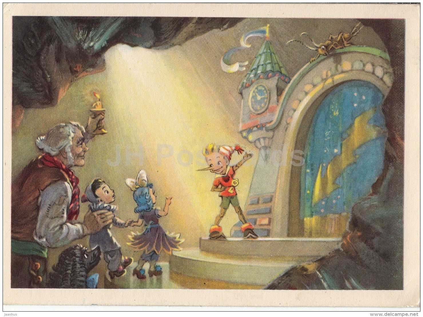 illustration by L. Vladimirsky - Buratino - Pinocchio - magic theatre - Papa Carlo - 1955 - Russia USSR - unused - JH Postcards
