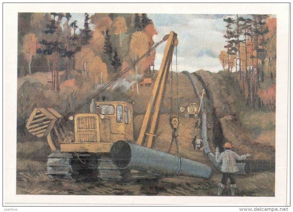 illustration by M. Sapozhnikov - oil pipeline - bulldozer - Tomsk oblast - 1987 - Russia USSR - unused - JH Postcards