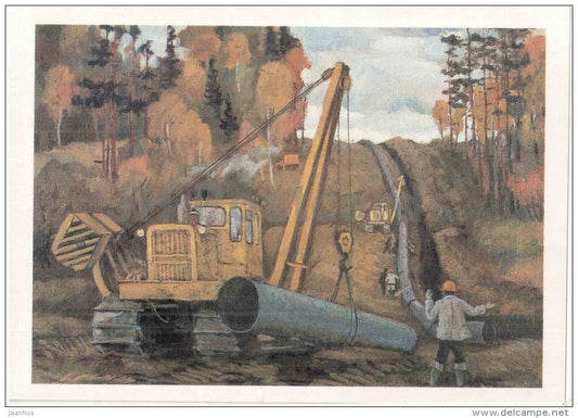 illustration by M. Sapozhnikov - oil pipeline - bulldozer - Tomsk oblast - 1987 - Russia USSR - unused - JH Postcards