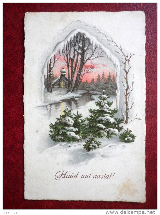 New Year Greeting Card - winter - church - river - 6421 - old postcard - Estonia - unused - JH Postcards